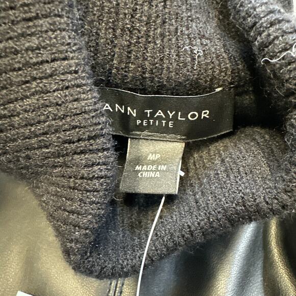 Ann Taylor Petite Faux Leather Knit Dress Medium Mob Wife Turtleneck Belt New - Picture 2 of 10